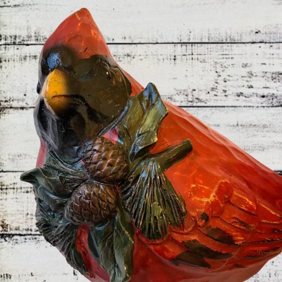 Red Cardinal Bird Figurine Wood Carved Look Resin Holly Pinecones Christmas - Picture 10 of 15